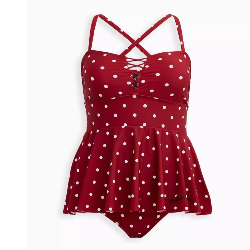 Torrid 4 (4X 26) Minnieā Mouse Disney Wireless One Piece Peplum Lace Up Swimsuit